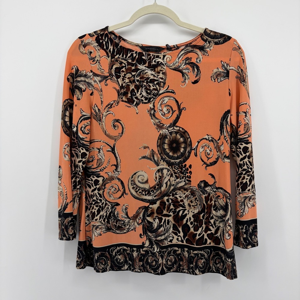Investments Womens M Orange Baroque‎ Leopard Print 3/4 Sleeve Boat Neck Top